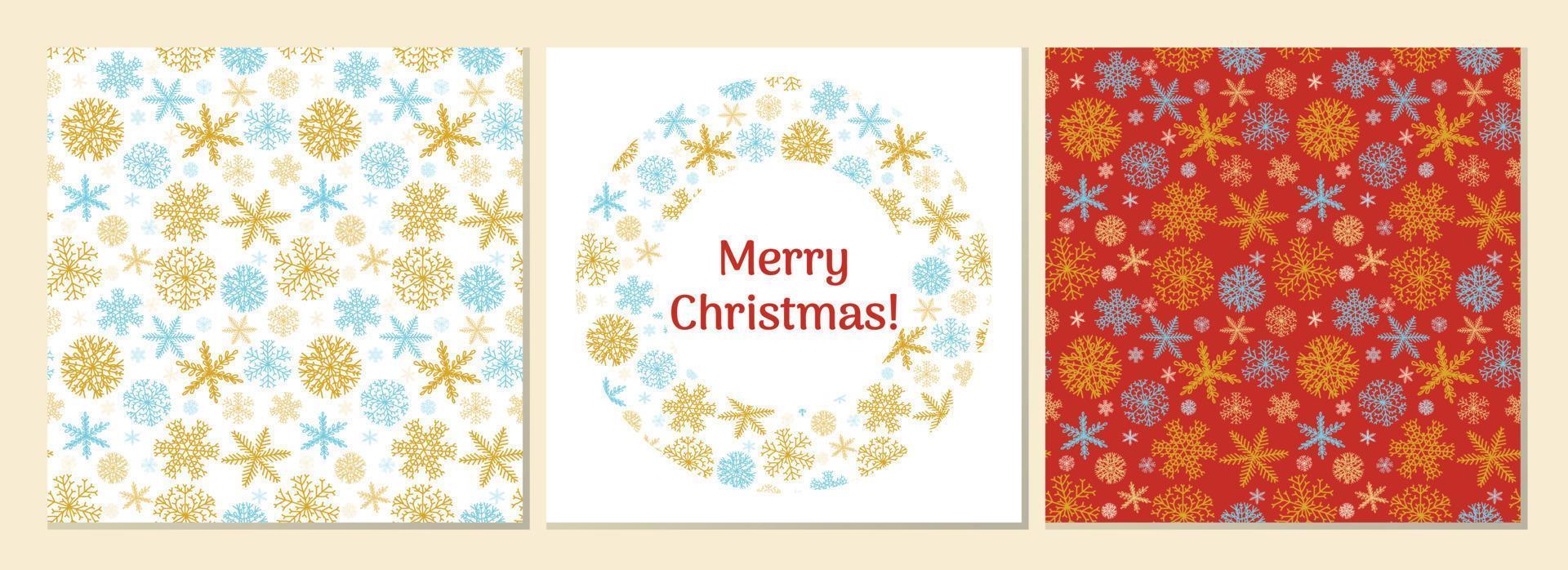 Merry Christmas set. Merry Christmas card and seamless snowflakes patterns. vector
