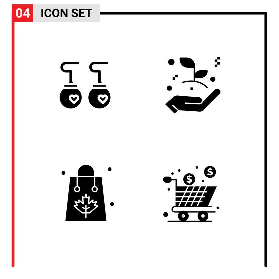 Universal Icon Symbols Group of 4 Modern Solid Glyphs of earrings bag fashion hand shopping Editable Vector Design Elements