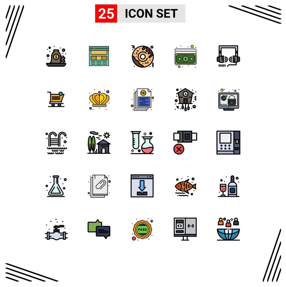 conjunto de 25 iconos de interfaz de usuario modernos símbolos signos para auriculares dinero web dólar alimentos elementos de diseño vectorial editables vector