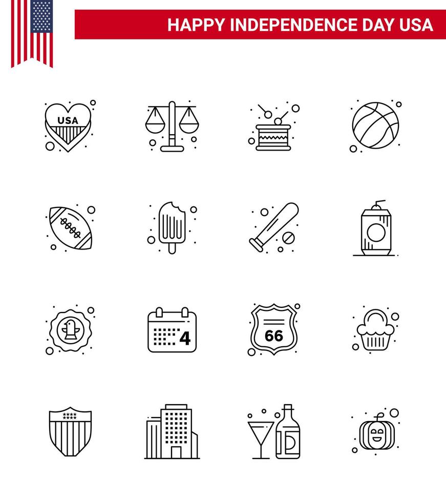 4th July USA Happy Independence Day Icon Symbols Group of 16 Modern Lines of ball football day ball independence Editable USA Day Vector Design Elements