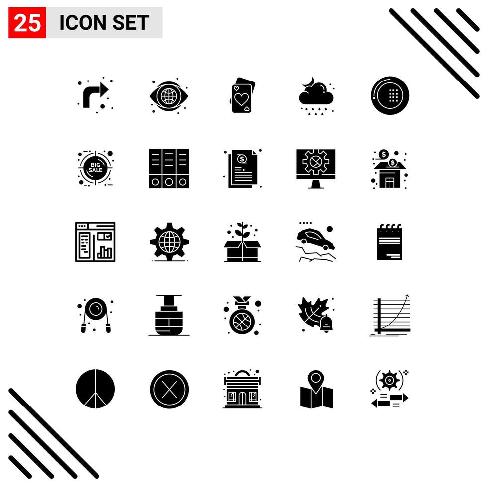 Group of 25 Modern Solid Glyphs Set for cooking weather card rain cloud Editable Vector Design Elements