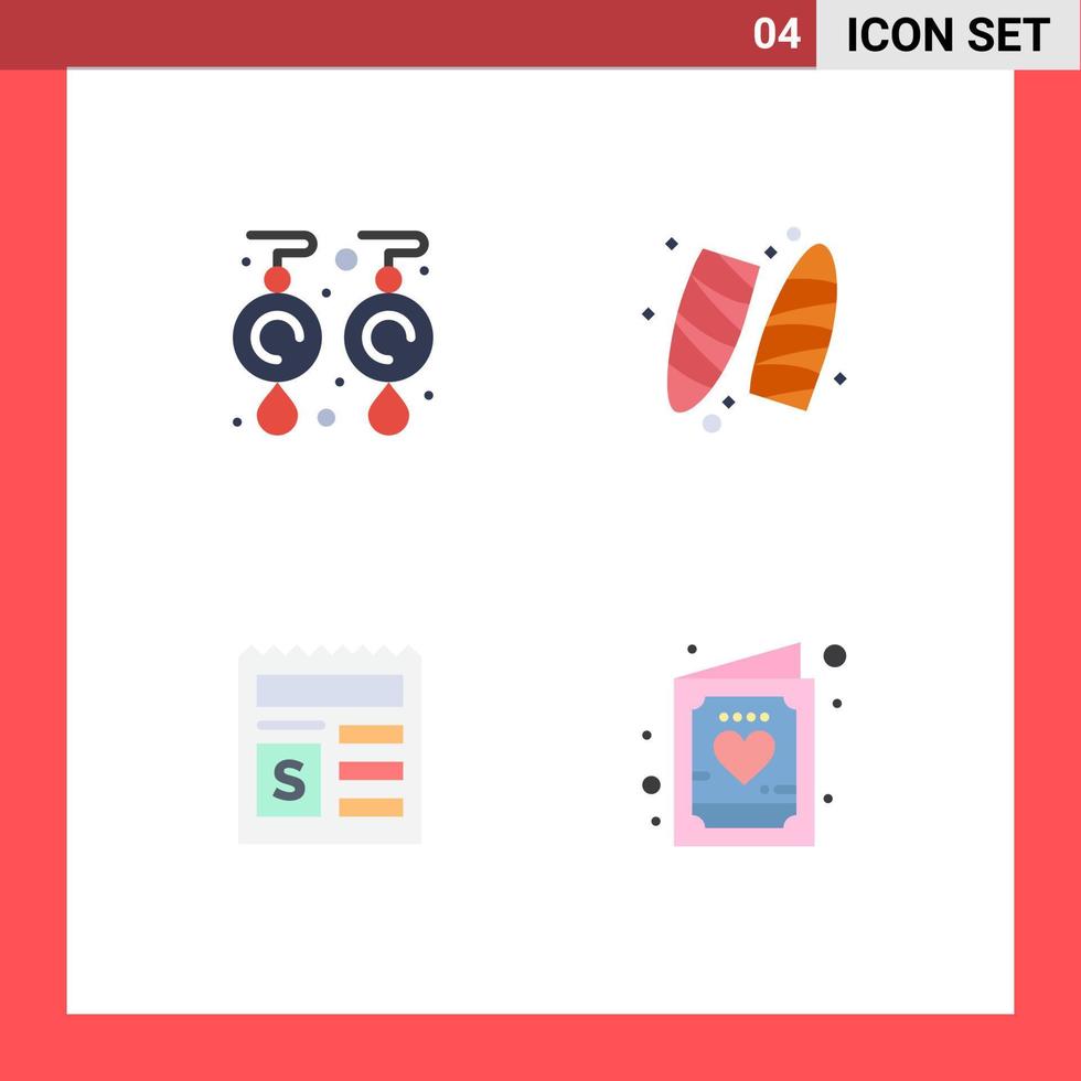 4 Universal Flat Icon Signs Symbols of earrings money jewelry surfboard bank Editable Vector Design Elements