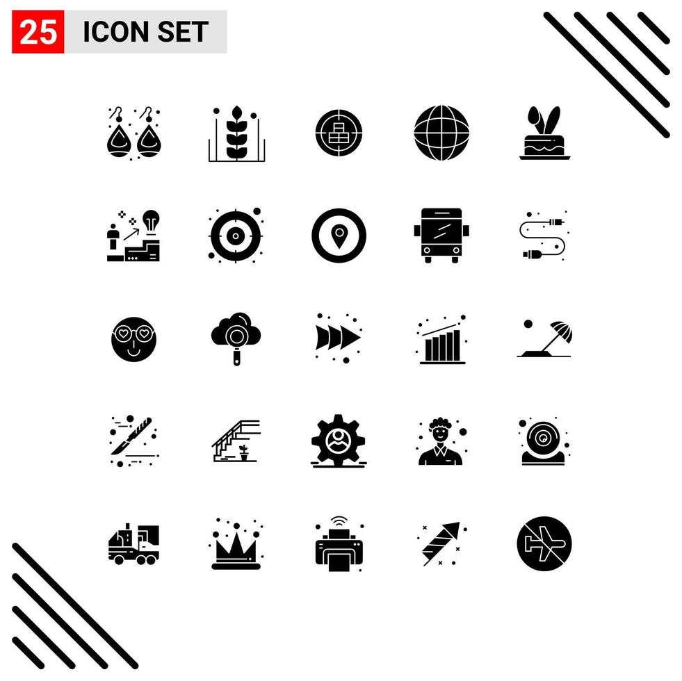 Set of 25 Commercial Solid Glyphs pack for cack geography wheat education target Editable Vector Design Elements