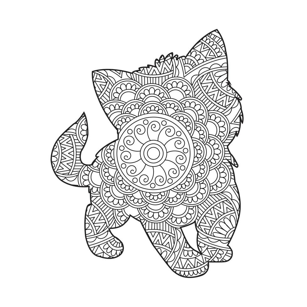 Cat Mandala Coloring Page for Adults Floral Animal Coloring Book Isolated on White Background Antistress Coloring Page Vector Illustration