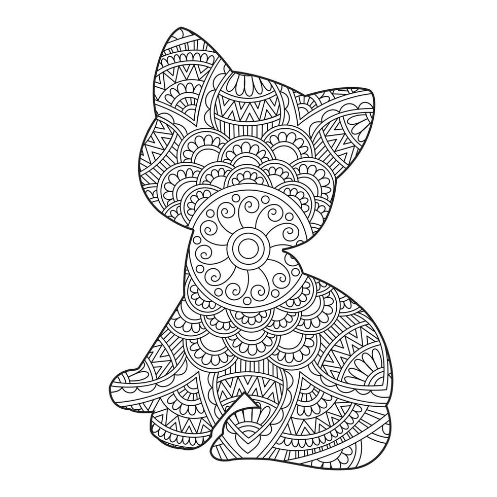 Cat Mandala Coloring Page for Adults Floral Animal Coloring Book Isolated on White Background Antistress Coloring Page Vector Illustration