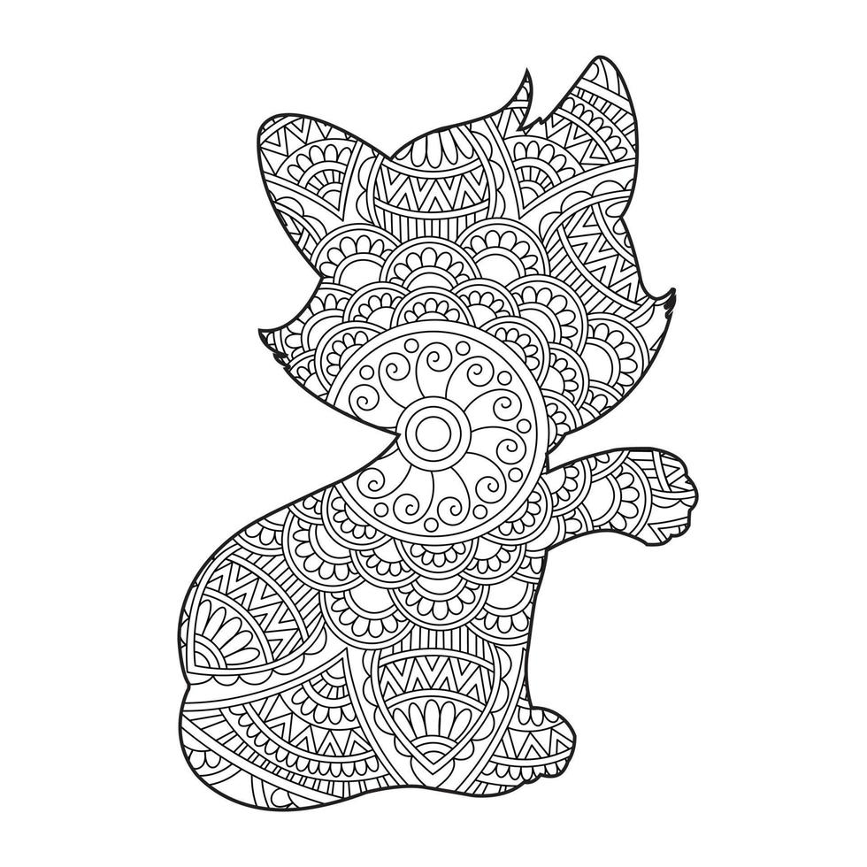 Cat Mandala Coloring Page for Adults Floral Animal Coloring Book Isolated on White Background Antistress Coloring Page Vector Illustration
