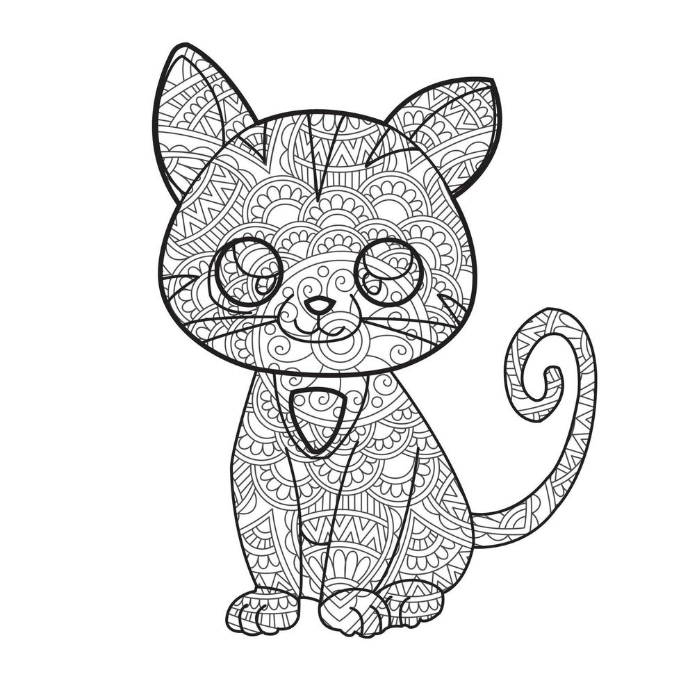 Cat Mandala Coloring Page for Adults Floral Animal Coloring Book Isolated on White Background Antistress Coloring Page Vector Illustration