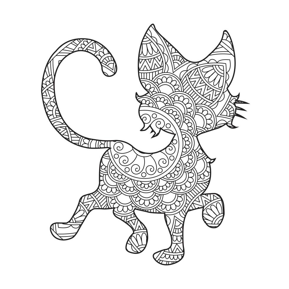 Cat Mandala Coloring Page for Adults Floral Animal Coloring Book Isolated on White Background Antistress Coloring Page Vector Illustration