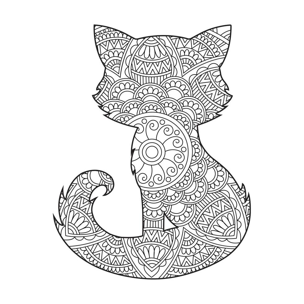 Cat Mandala Coloring Page for Adults Floral Animal Coloring Book Isolated on White Background Antistress Coloring Page Vector Illustration