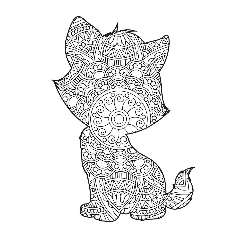 Cat Mandala Coloring Page for Adults Floral Animal Coloring Book Isolated on White Background Antistress Coloring Page Vector Illustration