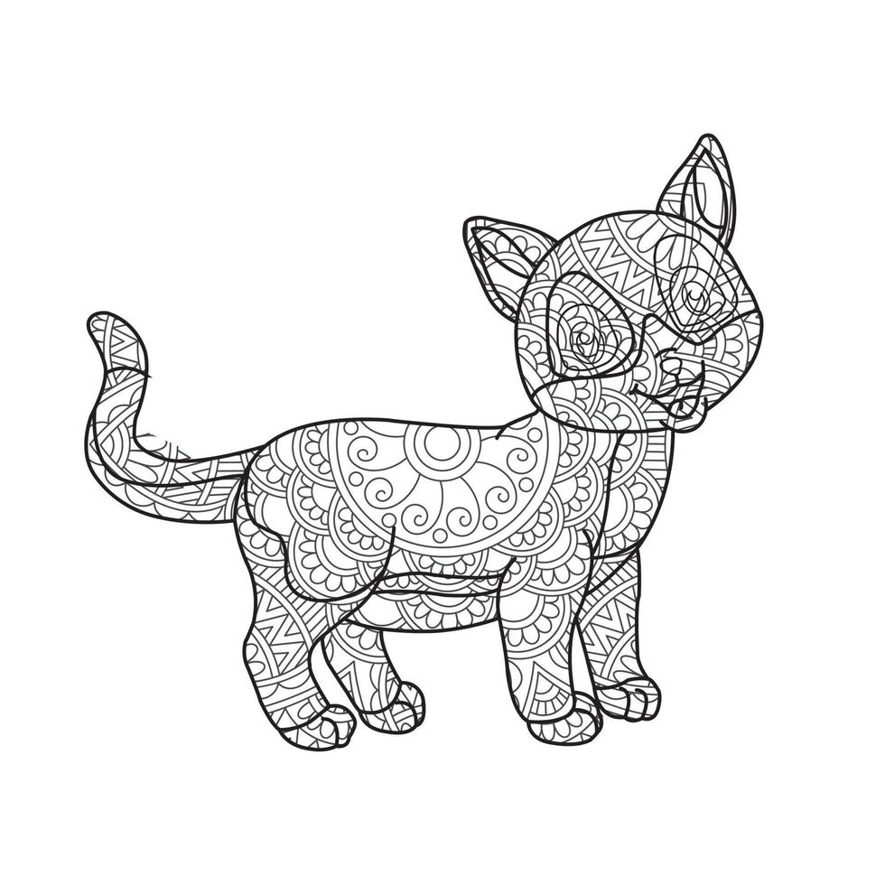 Cat Mandala Coloring Page for Adults Floral Animal Coloring Book Isolated on White Background Antistress Coloring Page Vector Illustration