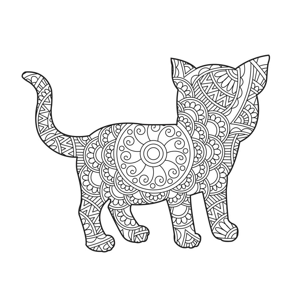 Cat Mandala Coloring Page for Adults Floral Animal Coloring Book Isolated on White Background Antistress Coloring Page Vector Illustration