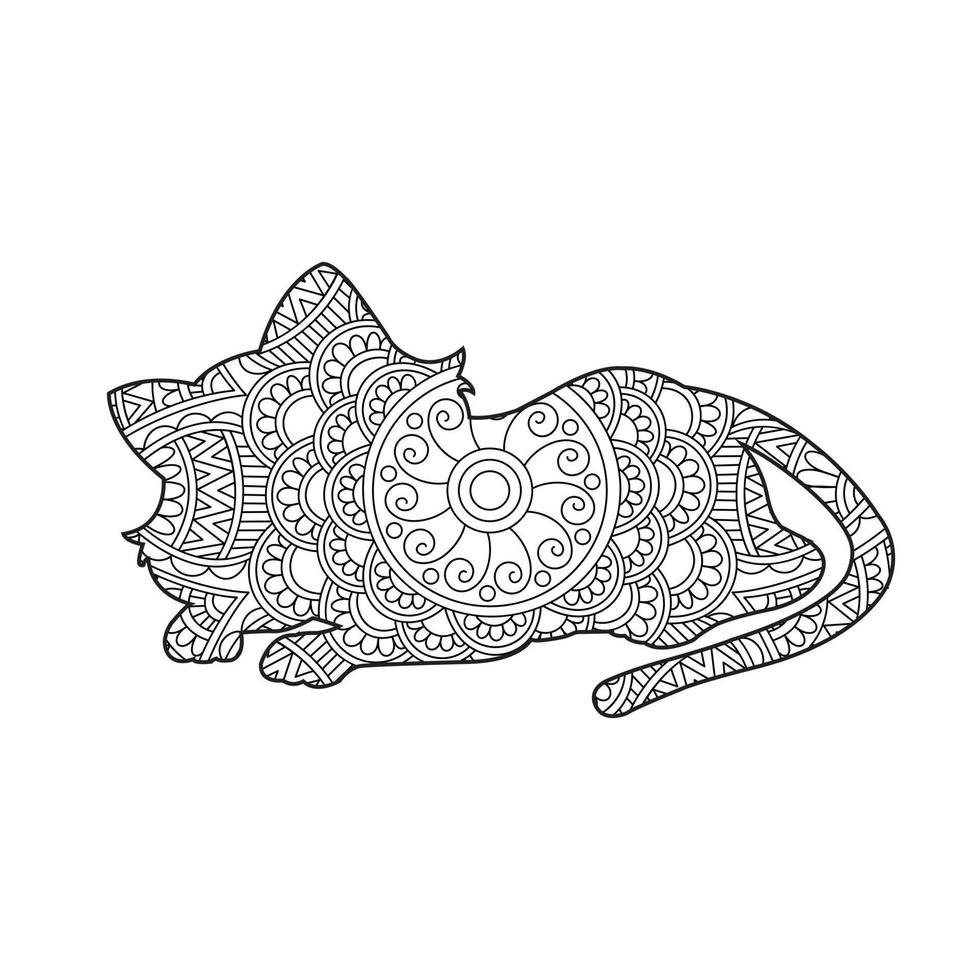 Cat Mandala Coloring Page for Adults Floral Animal Coloring Book Isolated on White Background Antistress Coloring Page Vector Illustration