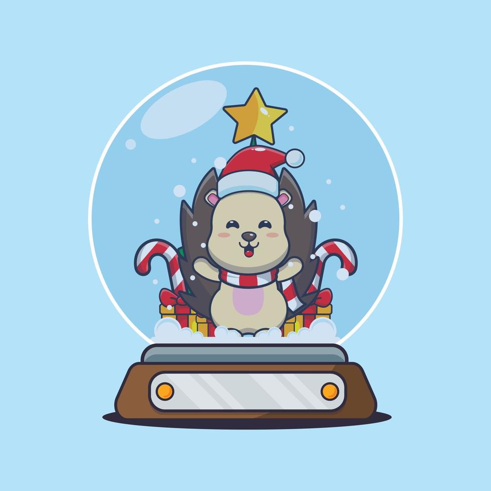 Cute hedgehog in snow globe. Cute christmas cartoon illustration. vector
