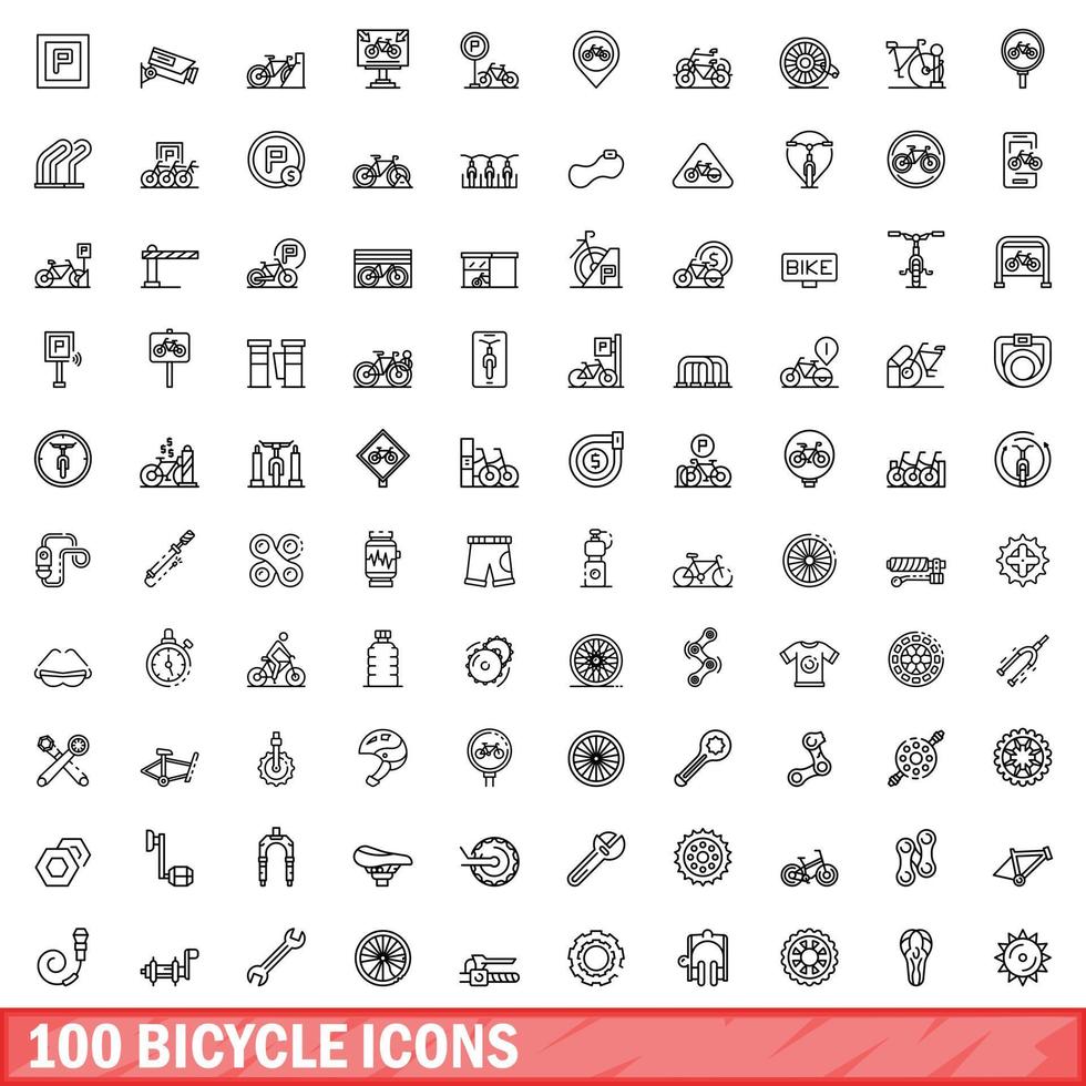 100 bicycle icons set, outline style vector