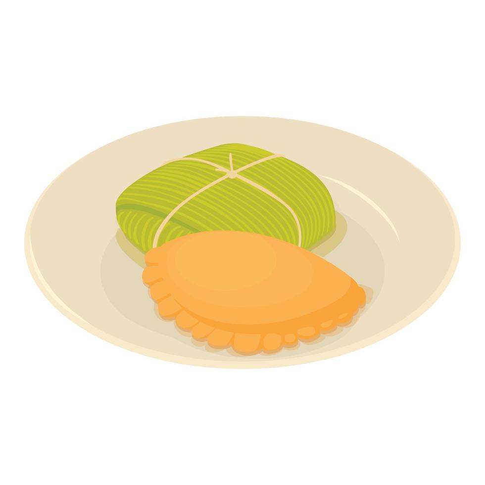 Portuguese appetizer icon isometric vector. Rissois de carne and dolma in plate vector