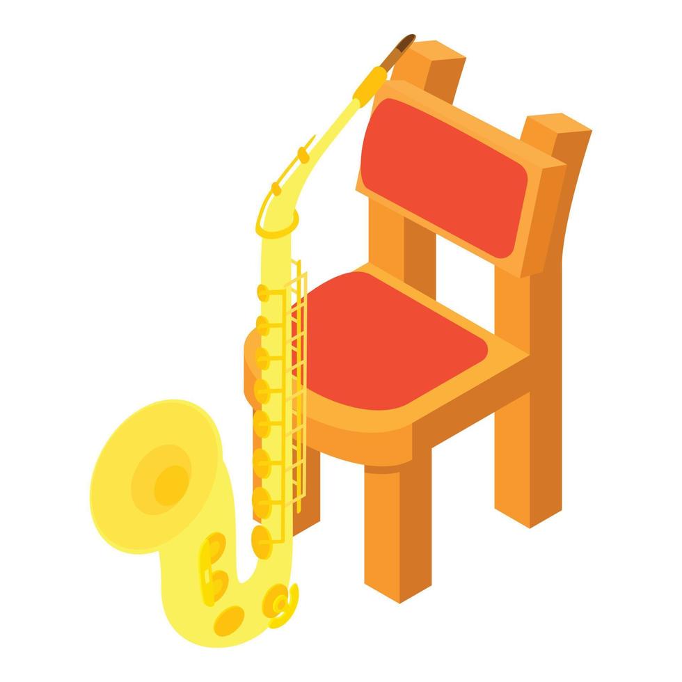 Saxophone icon isometric vector. Wind musical instrument near wooden chair icon vector