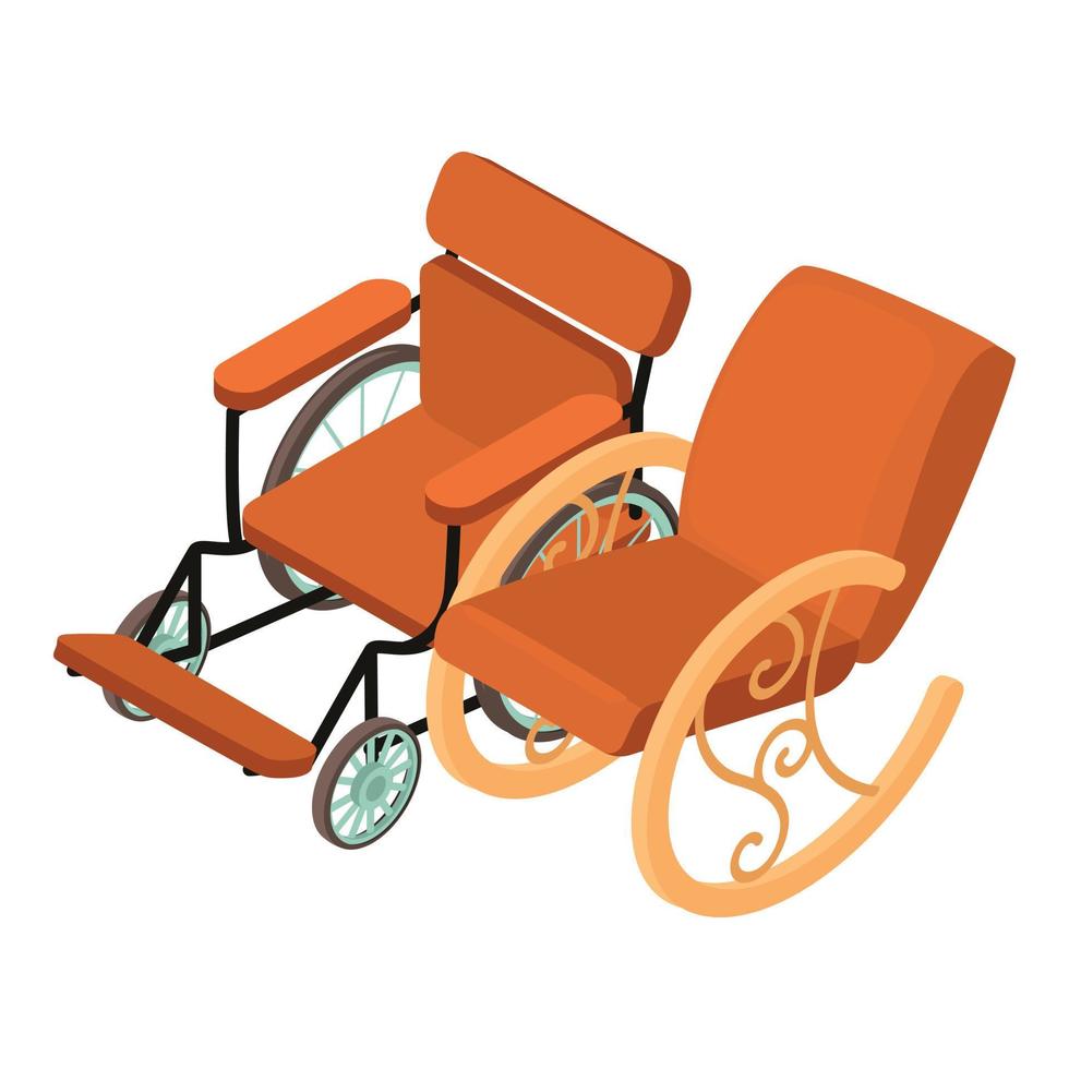 icono de muebles para ancianos vector isométrico. icono de silla de ruedas marrón y mecedora