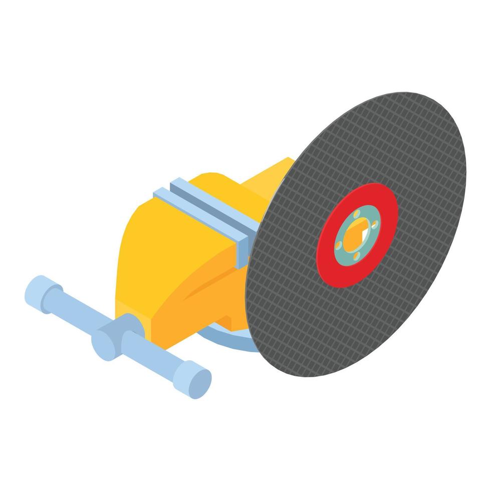 Bench vise icon isometric vector. Yellow bench vise and high speed cut disc icon vector