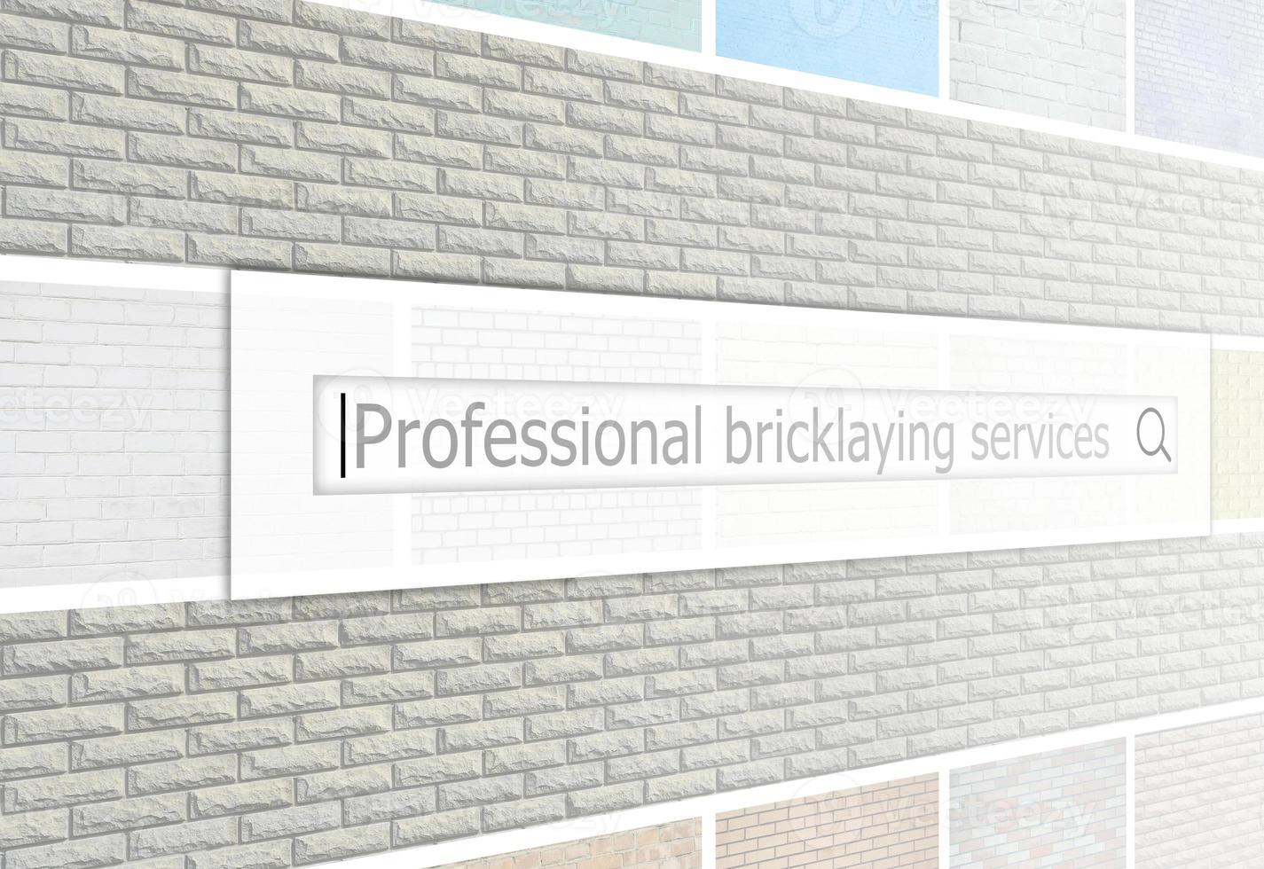 Visualization of the search bar on the background of a collage of many pictures with fragments of brick walls of different colors close up. Professional bricklaying services photo