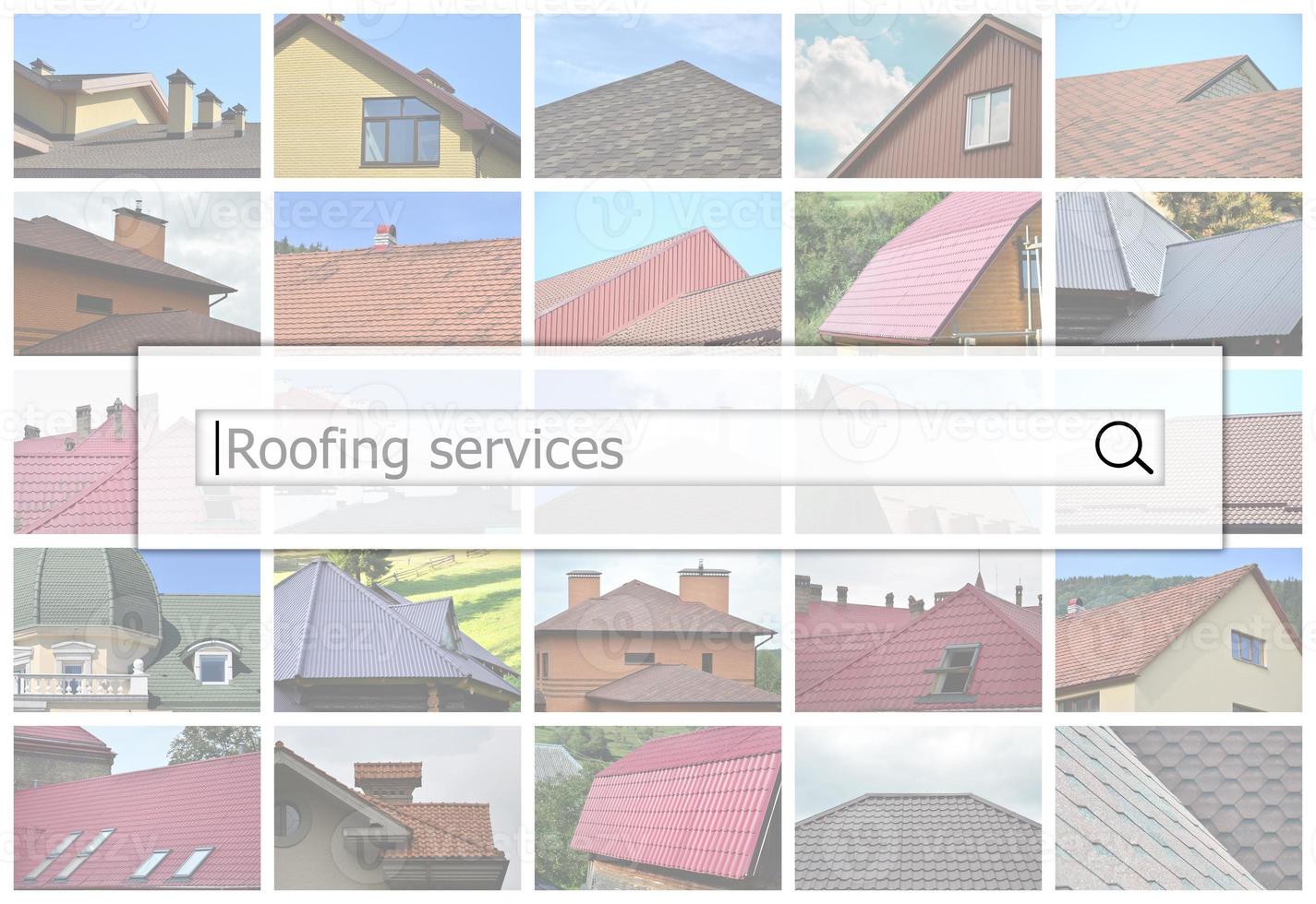 Visualization of the search bar on the background of a collage of many pictures with fragments of various types of roofing. Roofing services photo