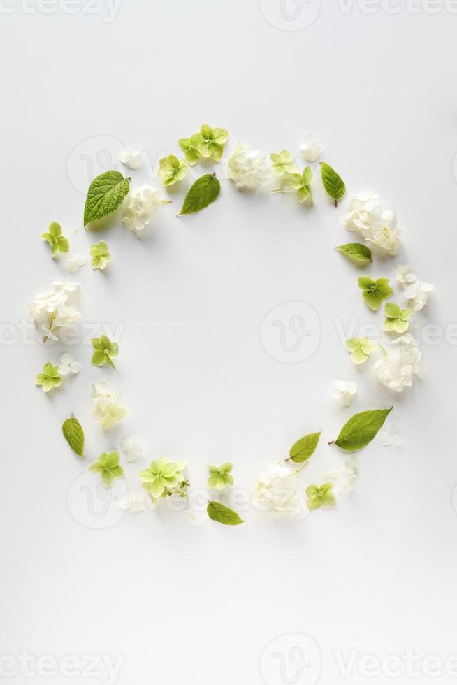 Flower wreath of pink chrysanthemums on white background, flat lay, top view, copy space photo