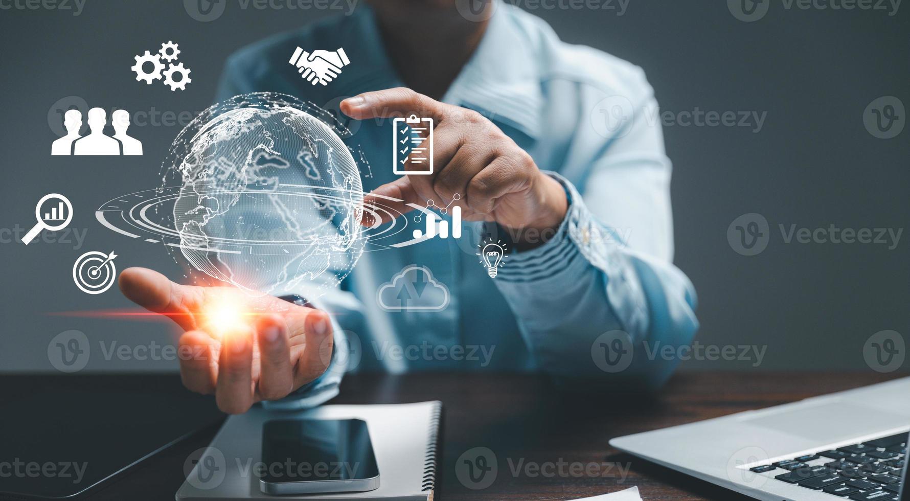 Business global internet connection application technology and digital marketing, Financial and banking, Digital link tech, big data. woman Hand holding virtual Global Internet connection metaverse. photo