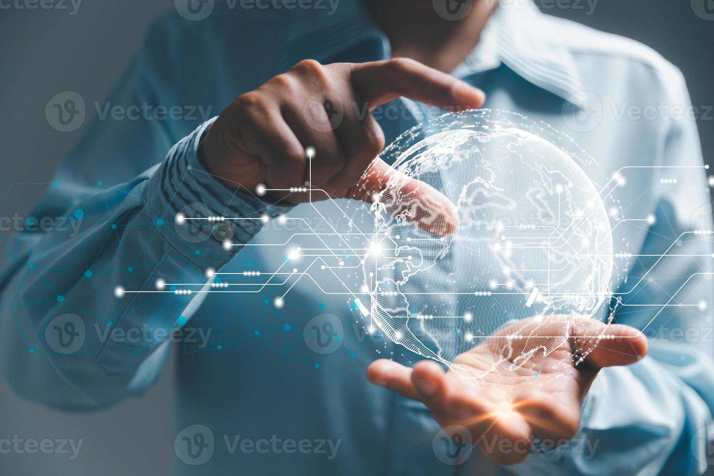 Business global internet connection application technology and digital marketing, Financial and banking, Digital link tech, big data. woman Hand holding virtual Global Internet connection metaverse. photo
