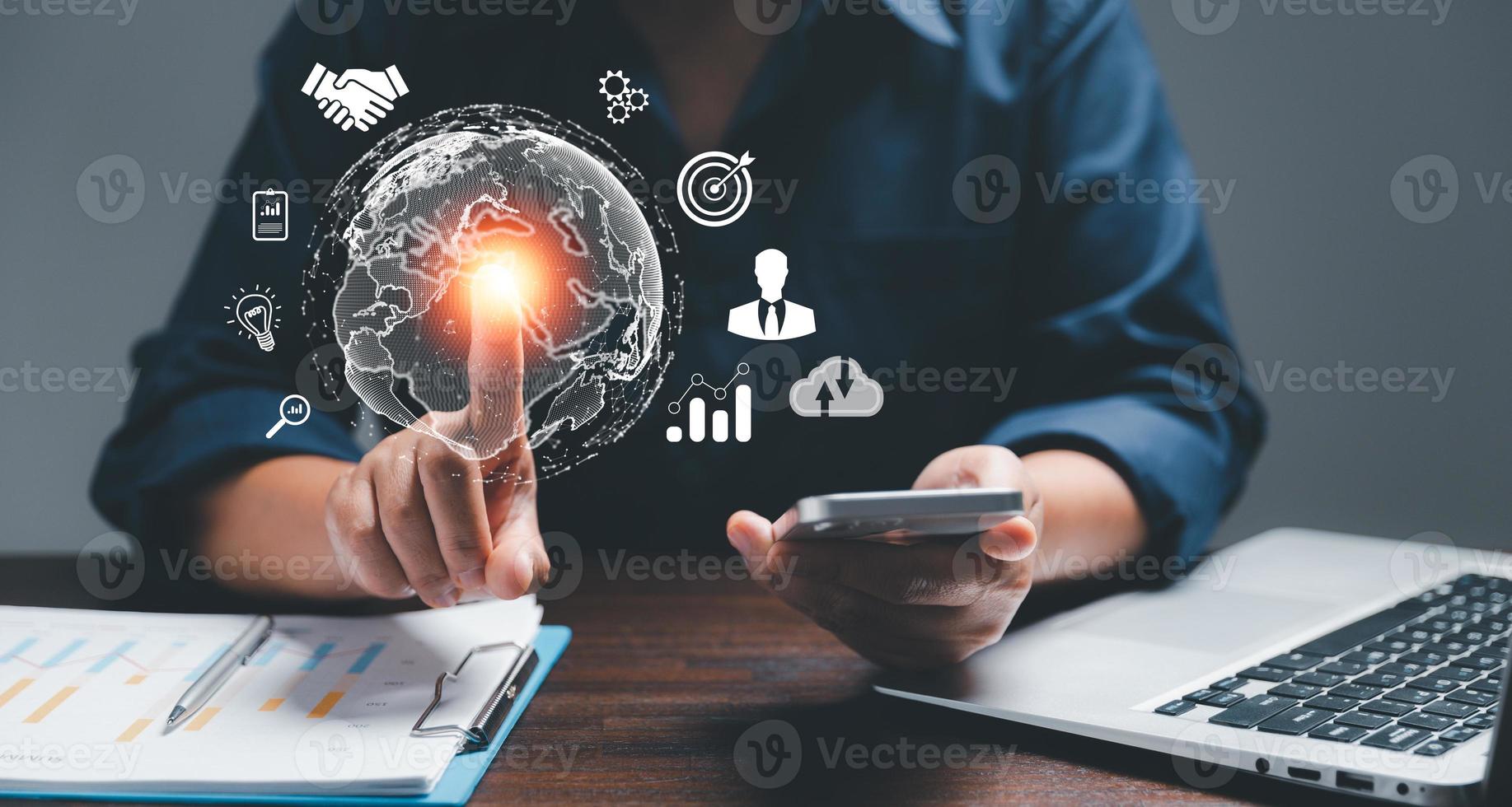 Business global internet connection application technology and digital marketing, Financial and banking, Digital link tech, big data. woman Hand holding virtual Global Internet connection metaverse. photo