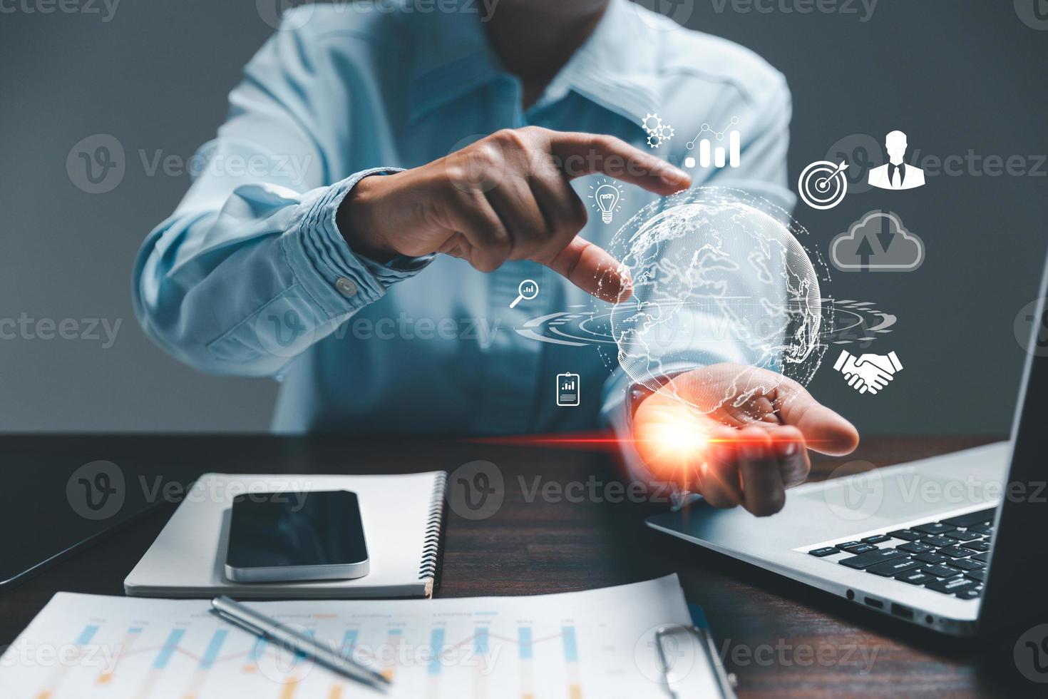 Business global internet connection application technology and digital marketing, Financial and banking, Digital link tech, big data. woman Hand holding virtual Global Internet connection metaverse. photo