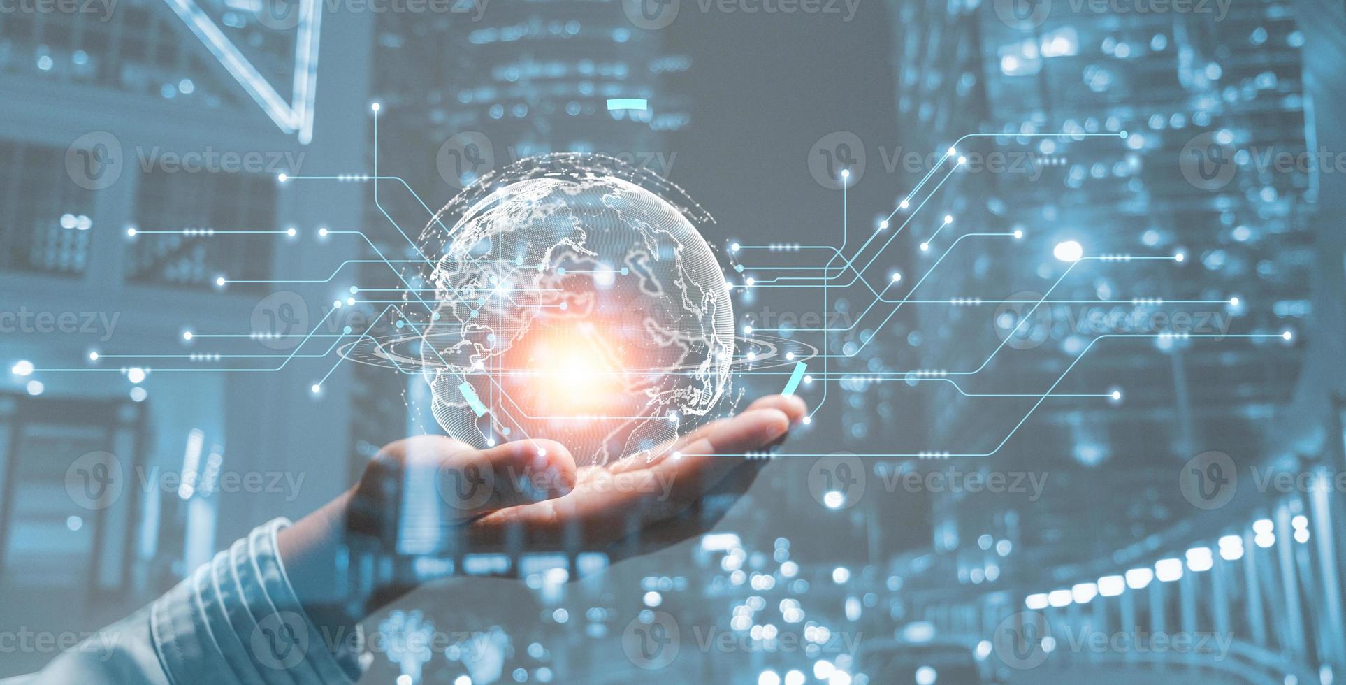Business global internet connection application technology and digital marketing, Financial and banking, Digital link tech, big data. woman Hand holding virtual Global Internet connection metaverse. photo