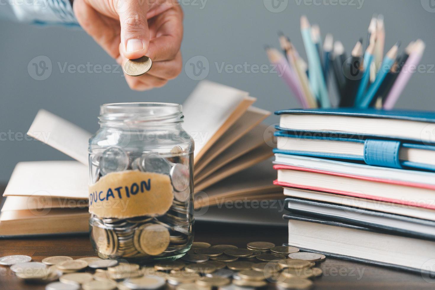 Saving money coin with banking investment, finance education concept. Planning student loan for studying abroad for college or university degree. Future children's education fund cash. Growing saving photo