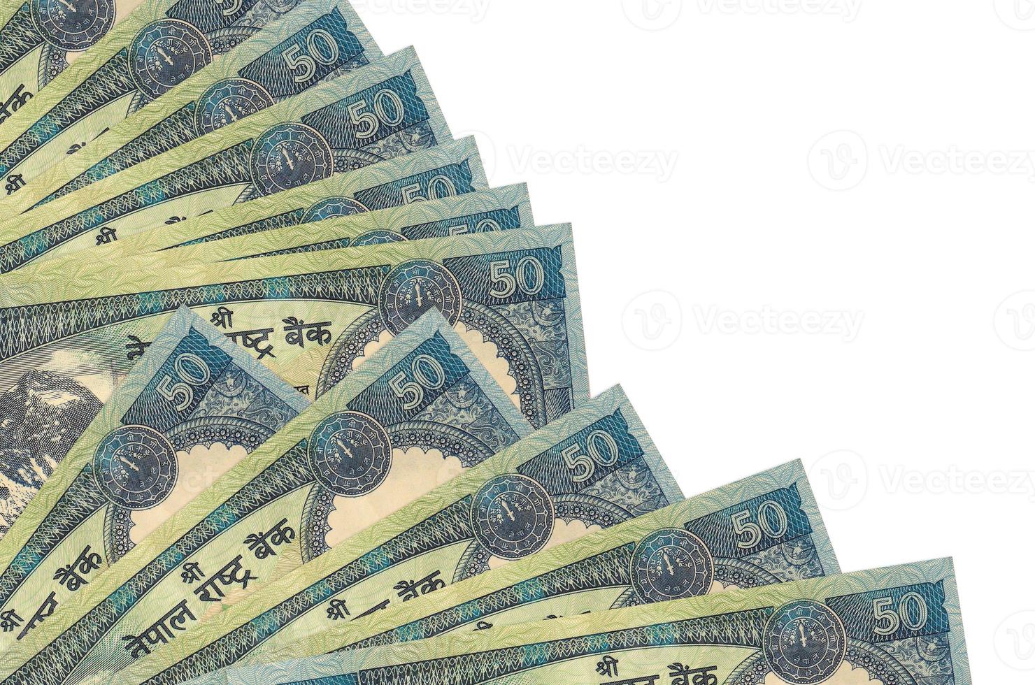 50 Nepalese rupees bills lies isolated on white background with copy space stacked in fan close up photo