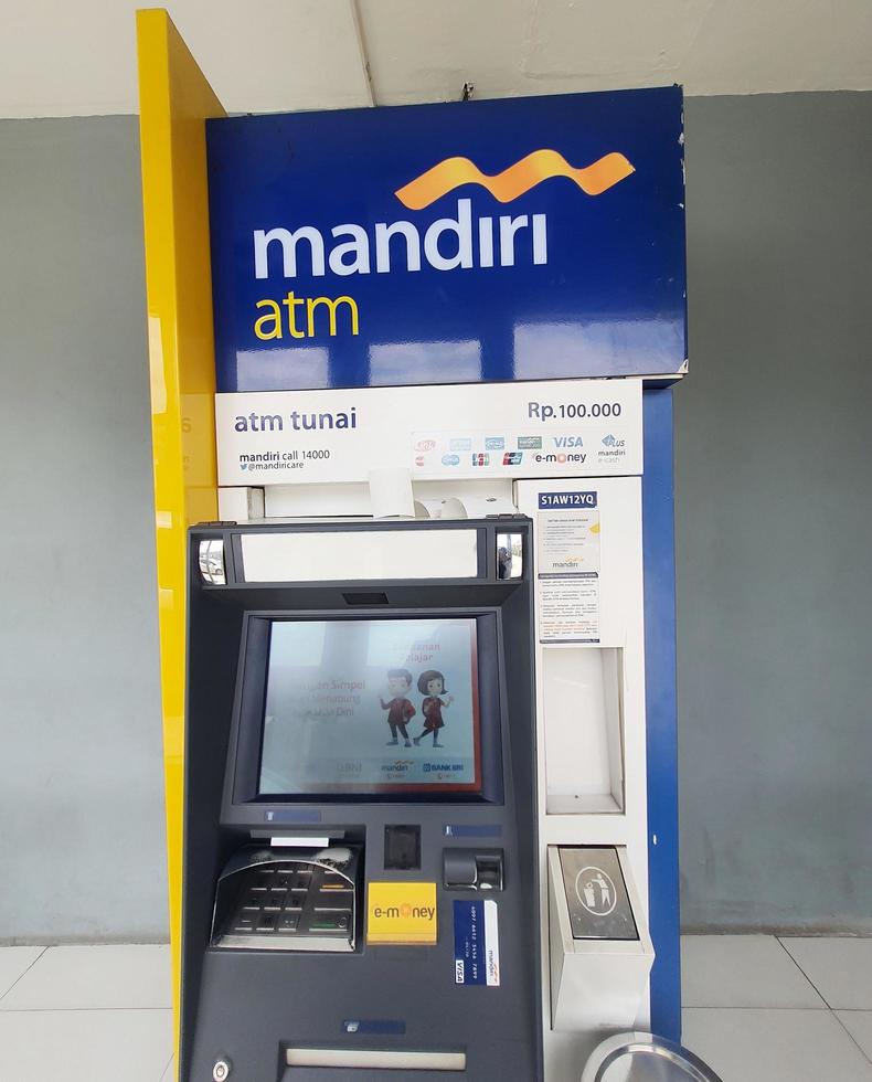 Jakarta, Indonesia in July 2022. This is a photo of an Automated Teller Machine or ATM from Bank Mandiri.