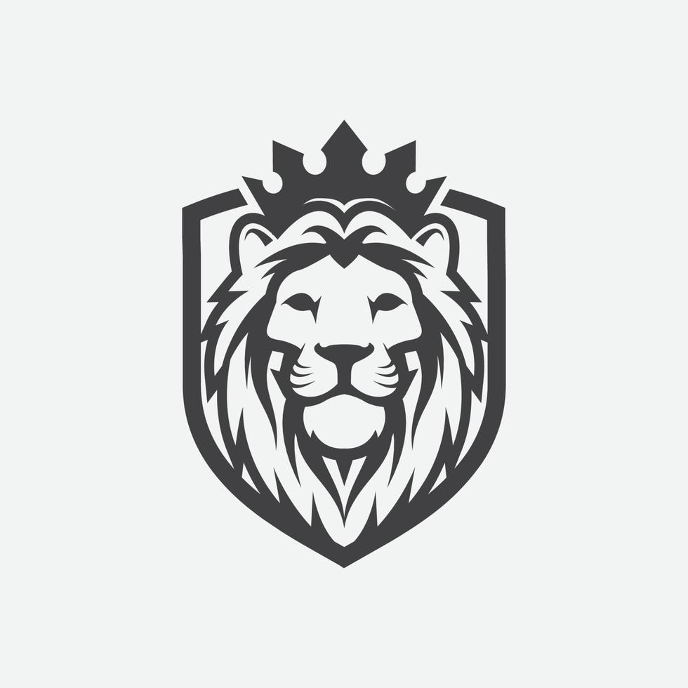 lion shield luxury logo icon, elegant lion shield logo design illustration, lion head with crown logo, lion shield symbol vector