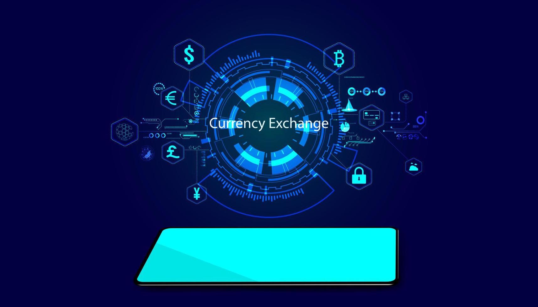 Abstract background digital online currency exchange infographic hud interface on circle background and phone on blue background vector