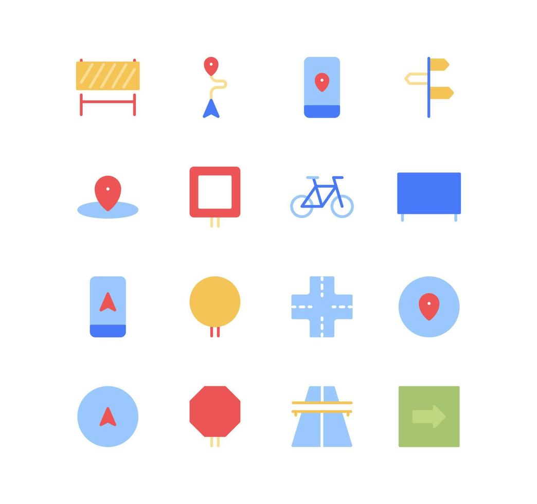 Set of highway and navigation icons, direction, barrier, bicycle, signboard, location, way, viaduct and flat line variety vectors. vector