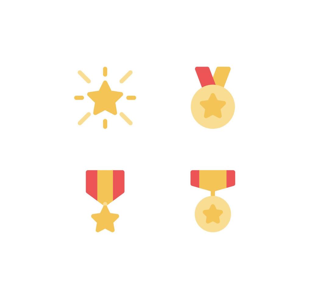 Set of gold star badge and medals with red ribbon icons, award, medal, ribbon and flat line variety vectors. vector