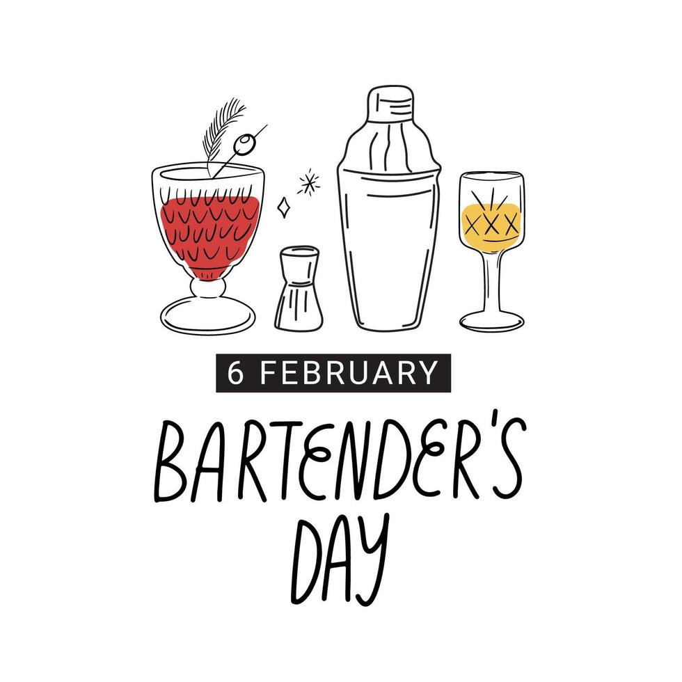 Hand Lettering World Bartender Day, wine, cocktails and wineglasses illustration. vector