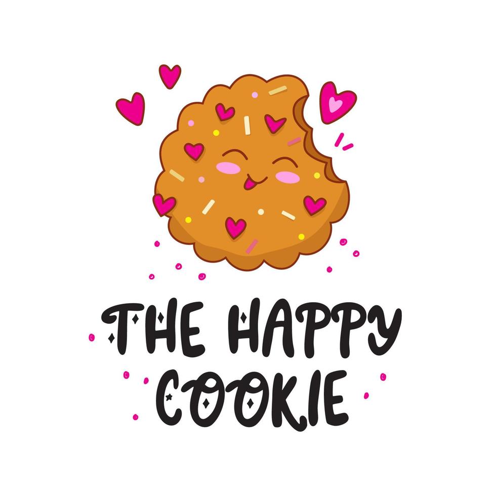 The Happy Cookie. Hand drawn lettering text with Cute happy funny chocolate cookie. vector