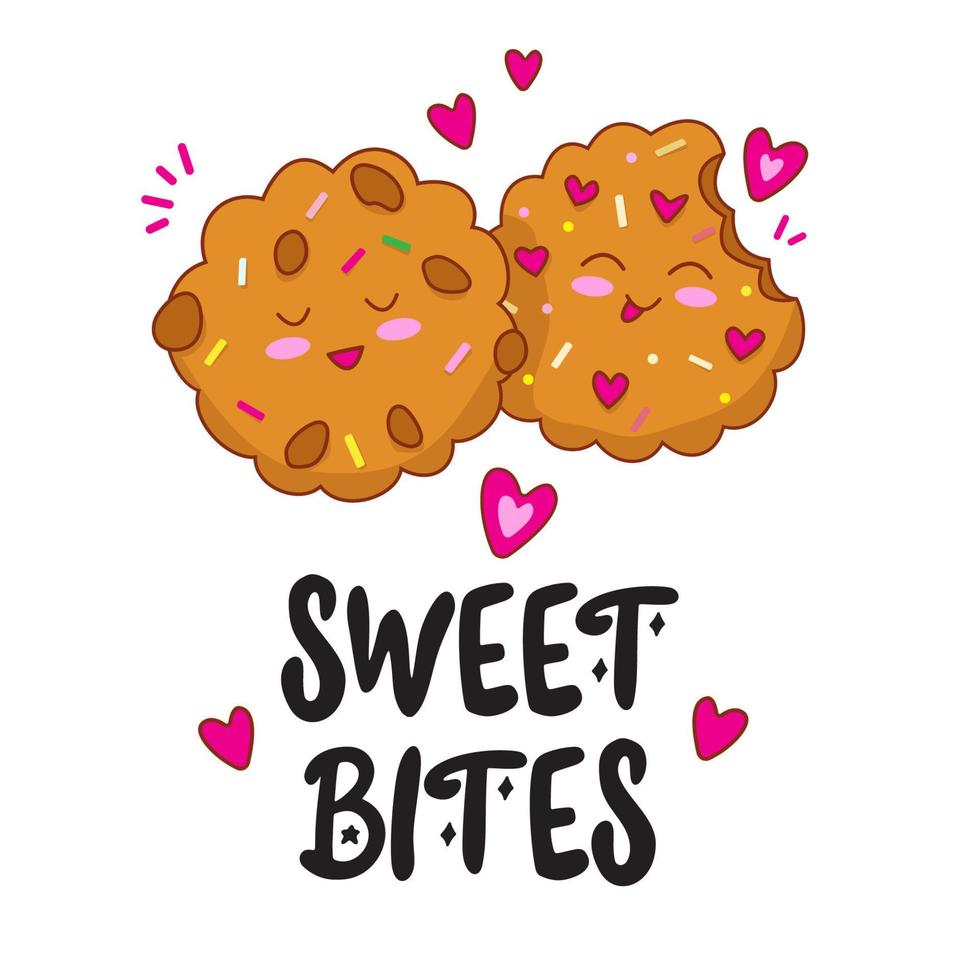Sweet bites. Hand drawn lettering text with Cute happy funny chocolate cookies. vector