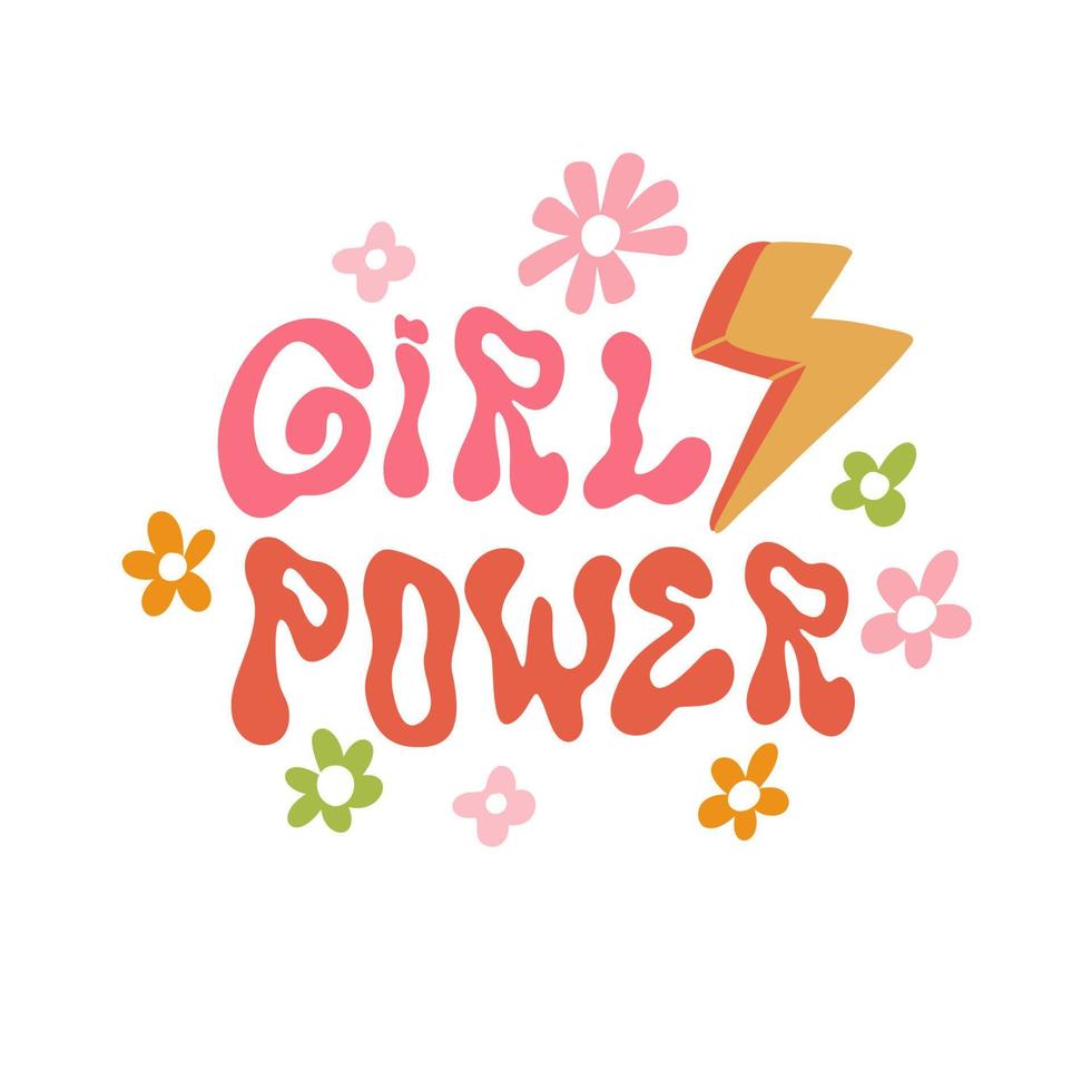 Hippie Motivational positive slogan Girl Power with groovy flowers, Hand Drawn trendy wave lettering vector