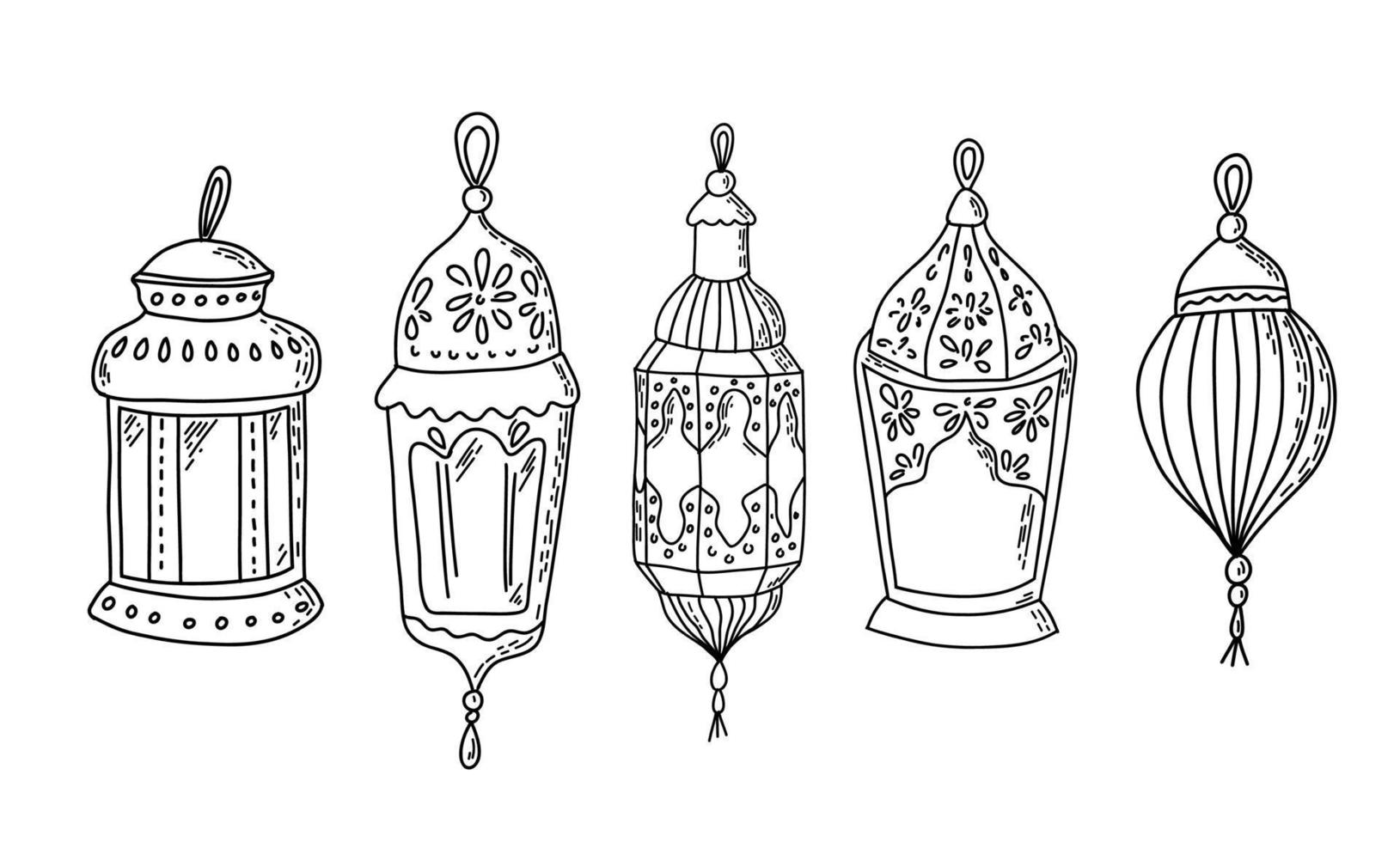 Set of hand drawn lanterns. Ramadan Kareem design elements. Vintage lanterns vector illustration.