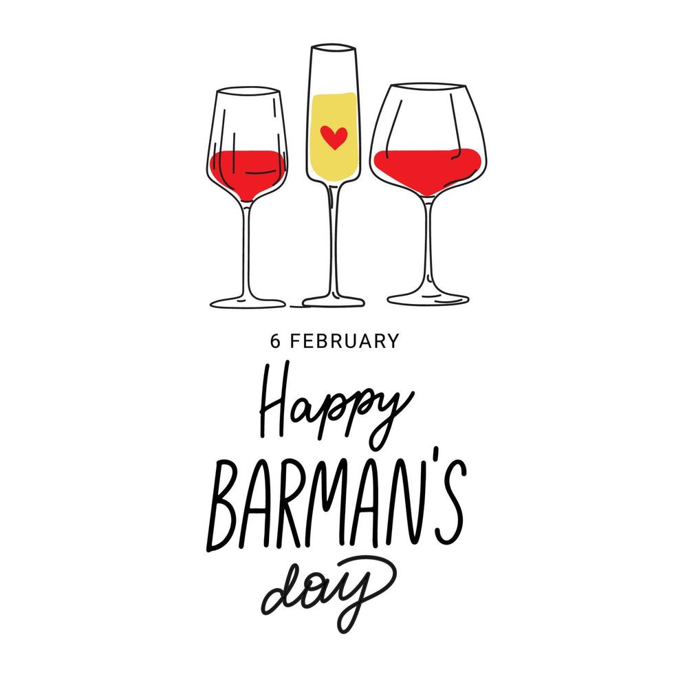 Hand Lettering World Bartender Day, wine, cocktails and wineglasses illustration. vector