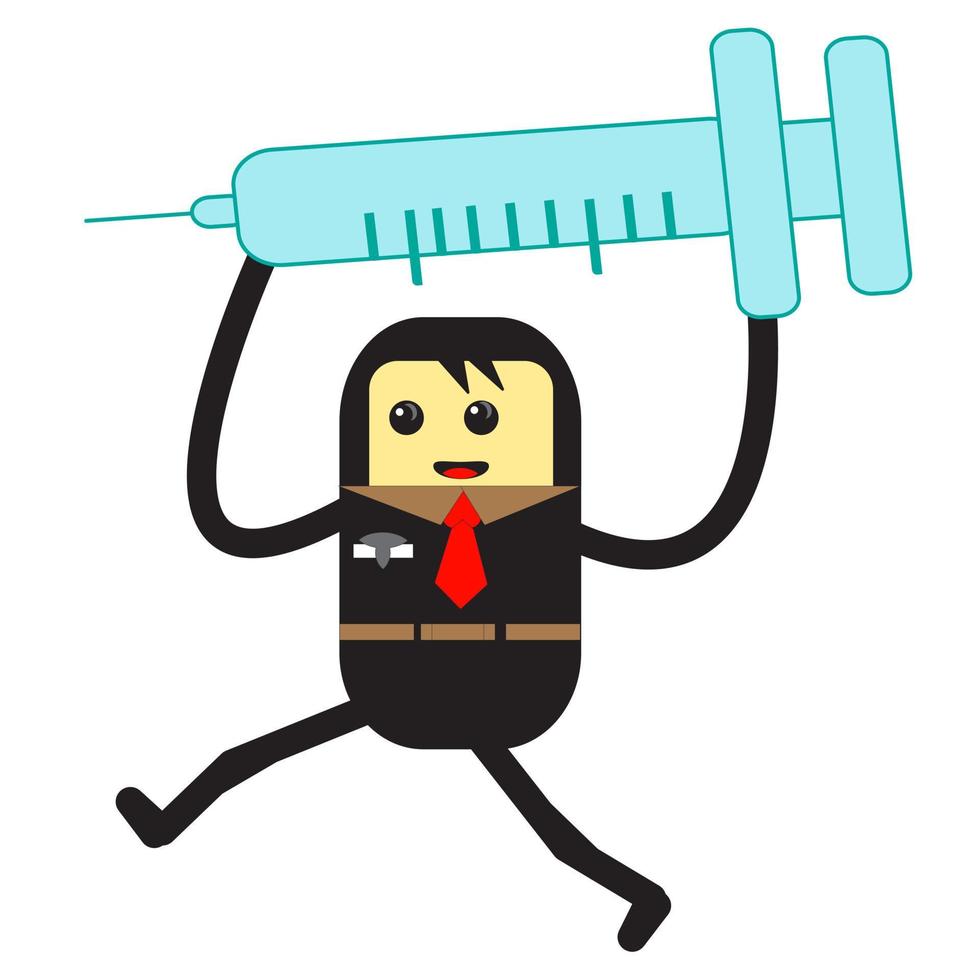 caricatura con jeringa de vacuna para combatir el virus de la corona, covid 19. ilustración de personaje de caricatura plana vectorial. vector