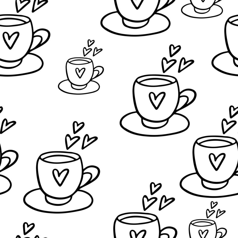 seamless, patrón, garabato, taza de café, con, corazón vector