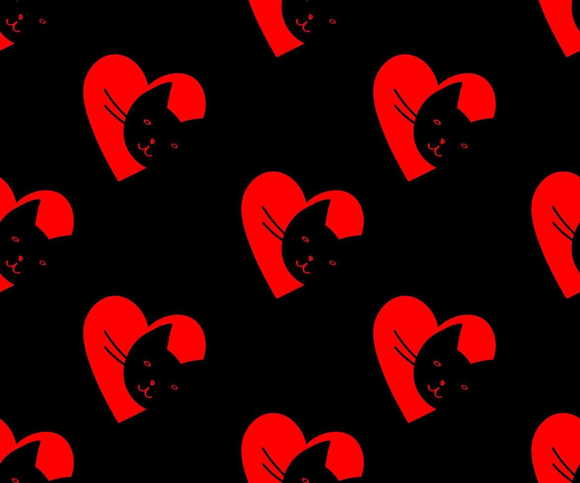 Cute black cats faces with red hearts.  Funny seamless pattern vector