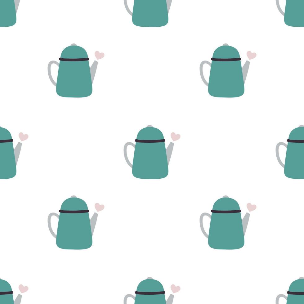 Kettle. Blue teapot with pink hearts. Cute seamless pattern in naive style vector