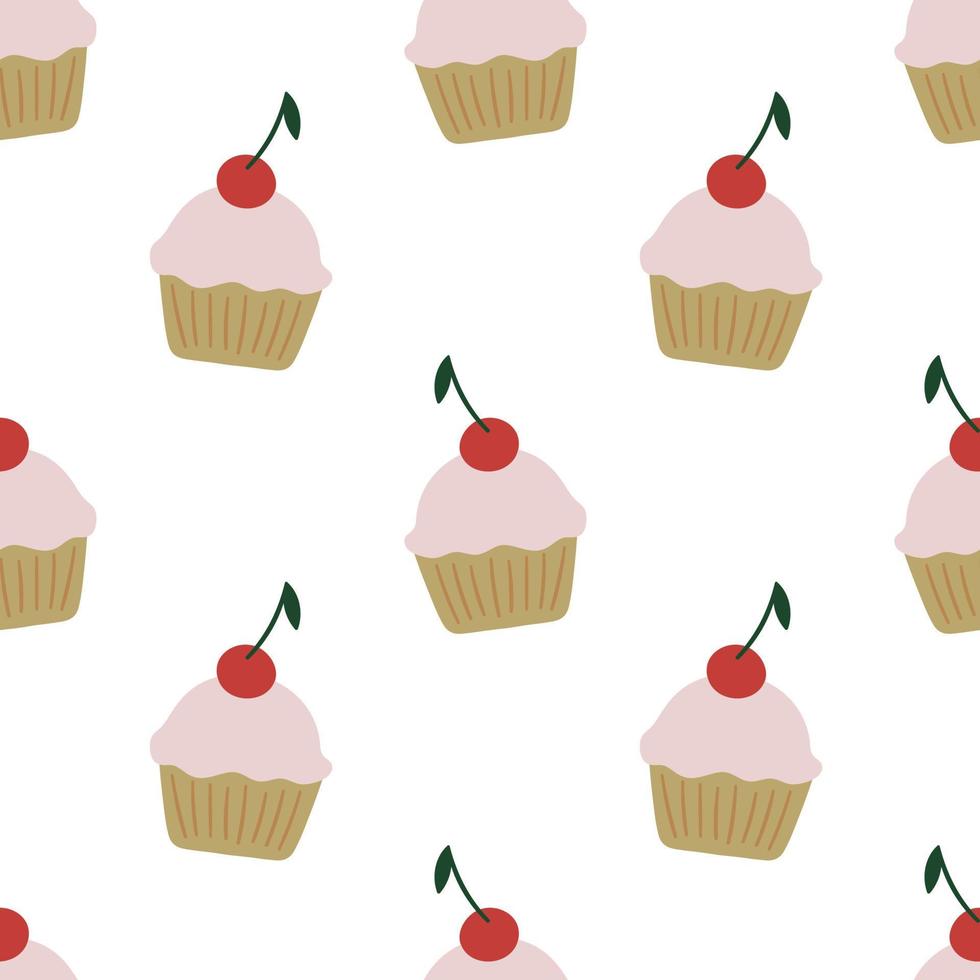 Cute pink cherry cupcakes. Sweet and delicious seamless pattern. vector