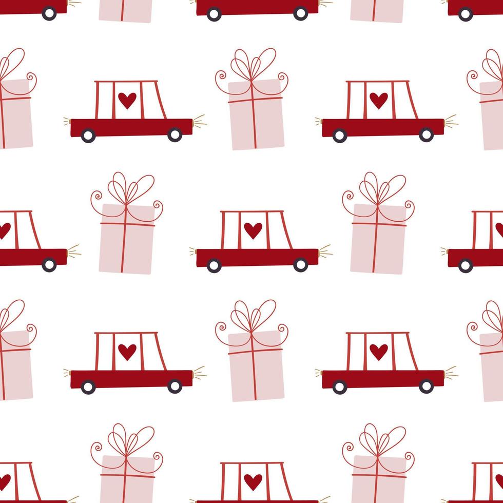 Romantic pattern. Pink gift box, cute red car and hearts. Holiday seamless pattern. vector